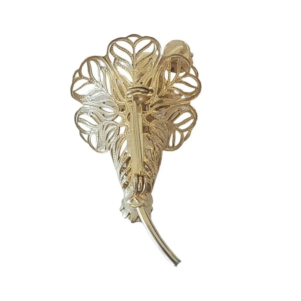 Vintage Gold Tone Flower Floral Brooch‎ Pin Open Work Pronged Pink Purple Stones